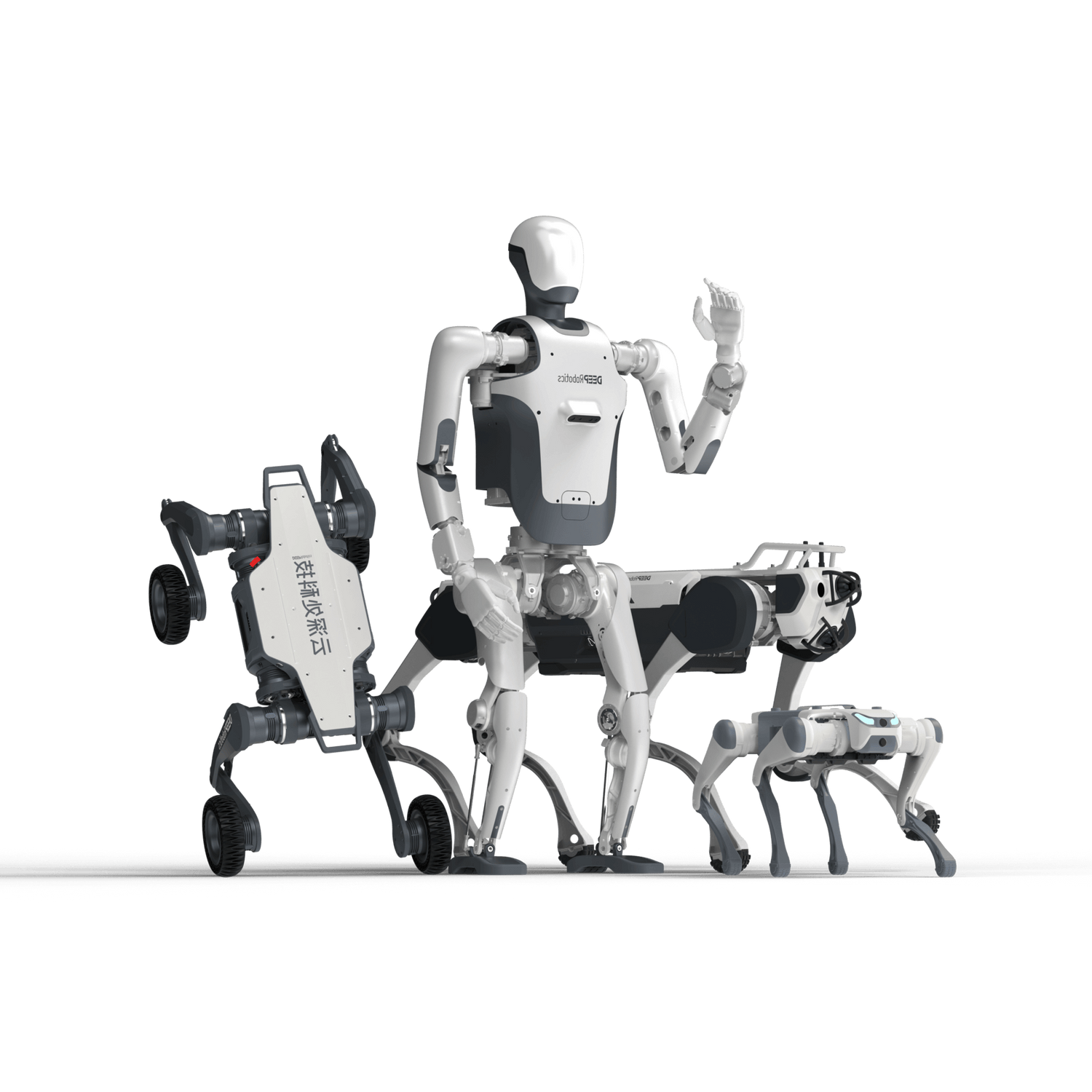 DEEP Robotics DR01 humanoid robot with X30, LYNX, and LITE3 quadruped robots showcasing advanced AI, mobility, and autonomous robotics technology for industrial and research applications.