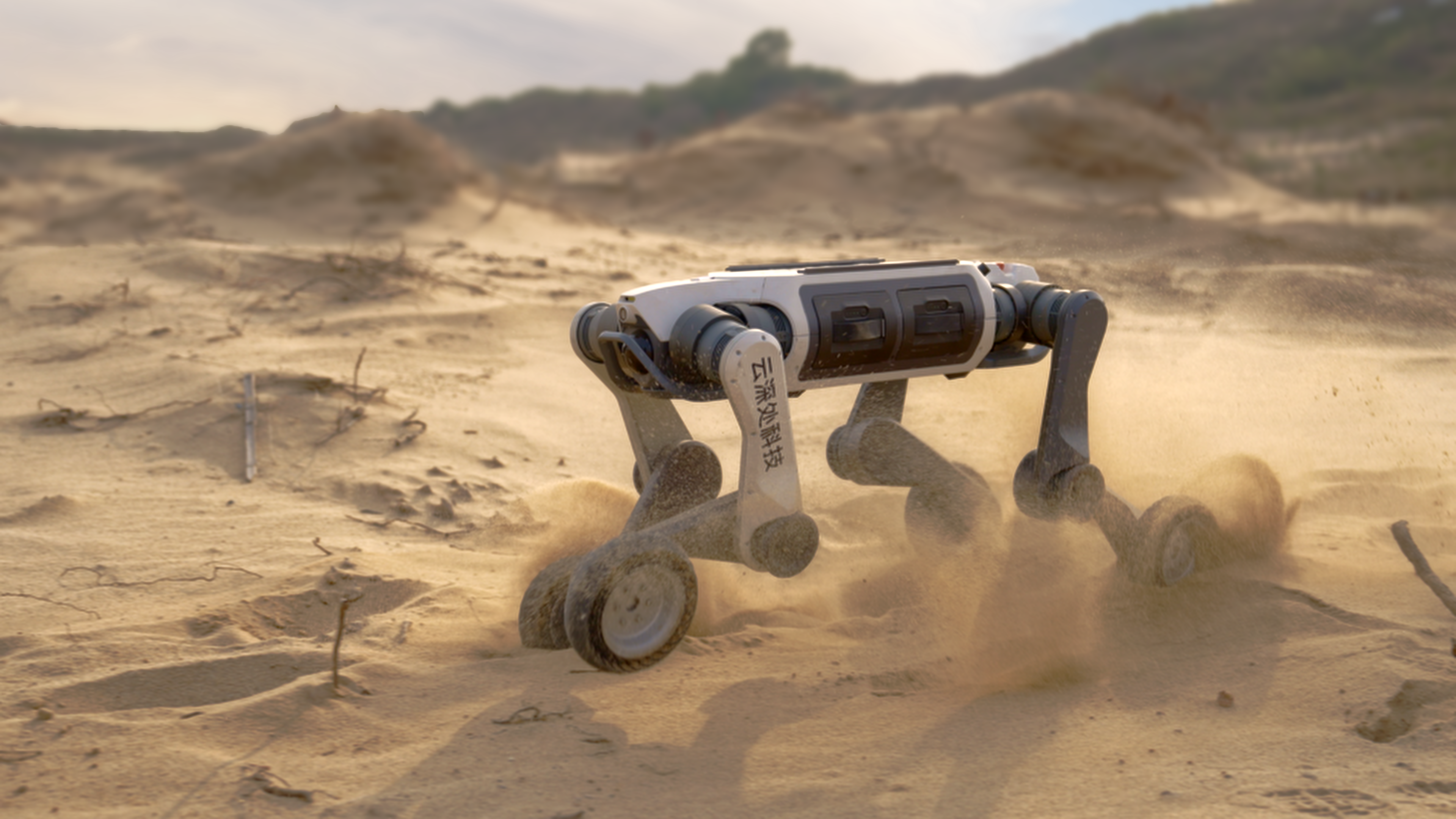 DEEP Robotics LYNX M20 Pro quadruped robot traveling autonomously across desert terrain, demonstrating off-road mobility, AI navigation, and environmental adaptability.
